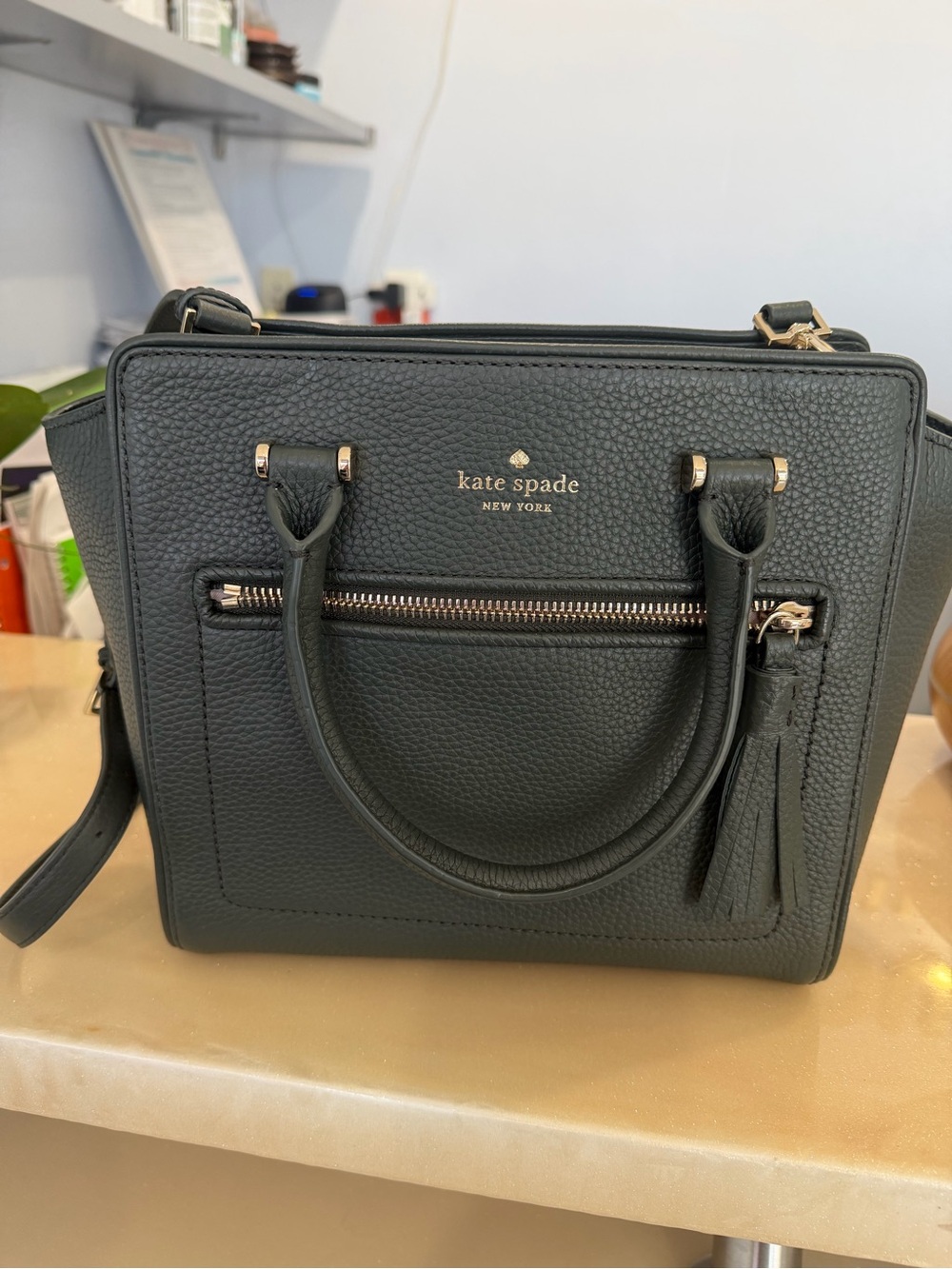 kate spade Dark Green Pebbled Leather Satchel with Tassel